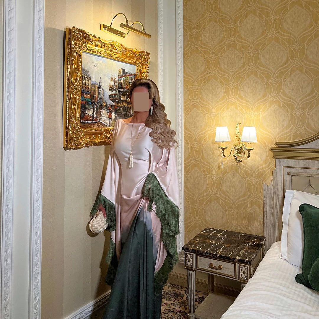 Ombre Luxe Satin Abaya Dress with Fringe Detailing