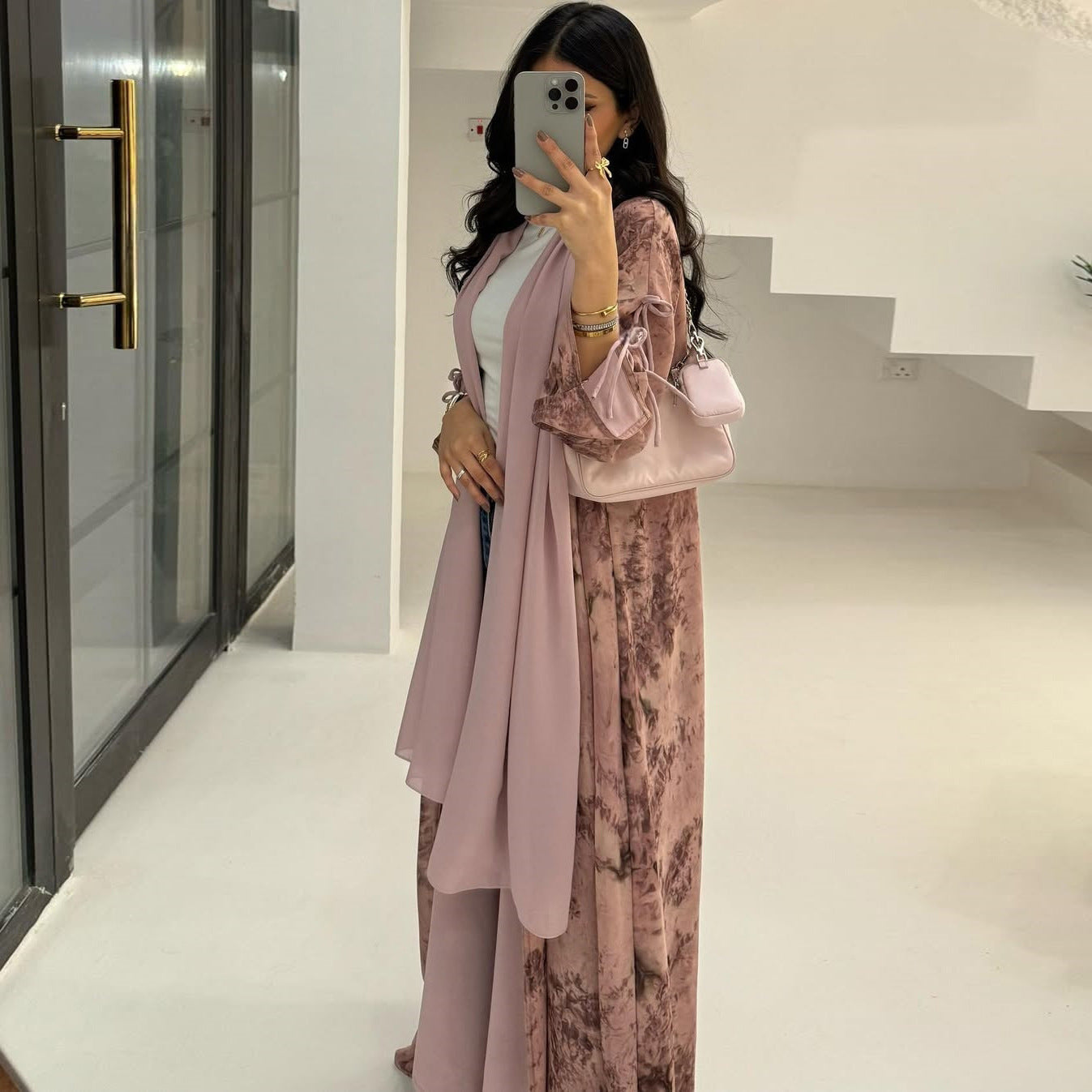 Marble Luxe Abaya with Headscarf & Ribbon Sleeves