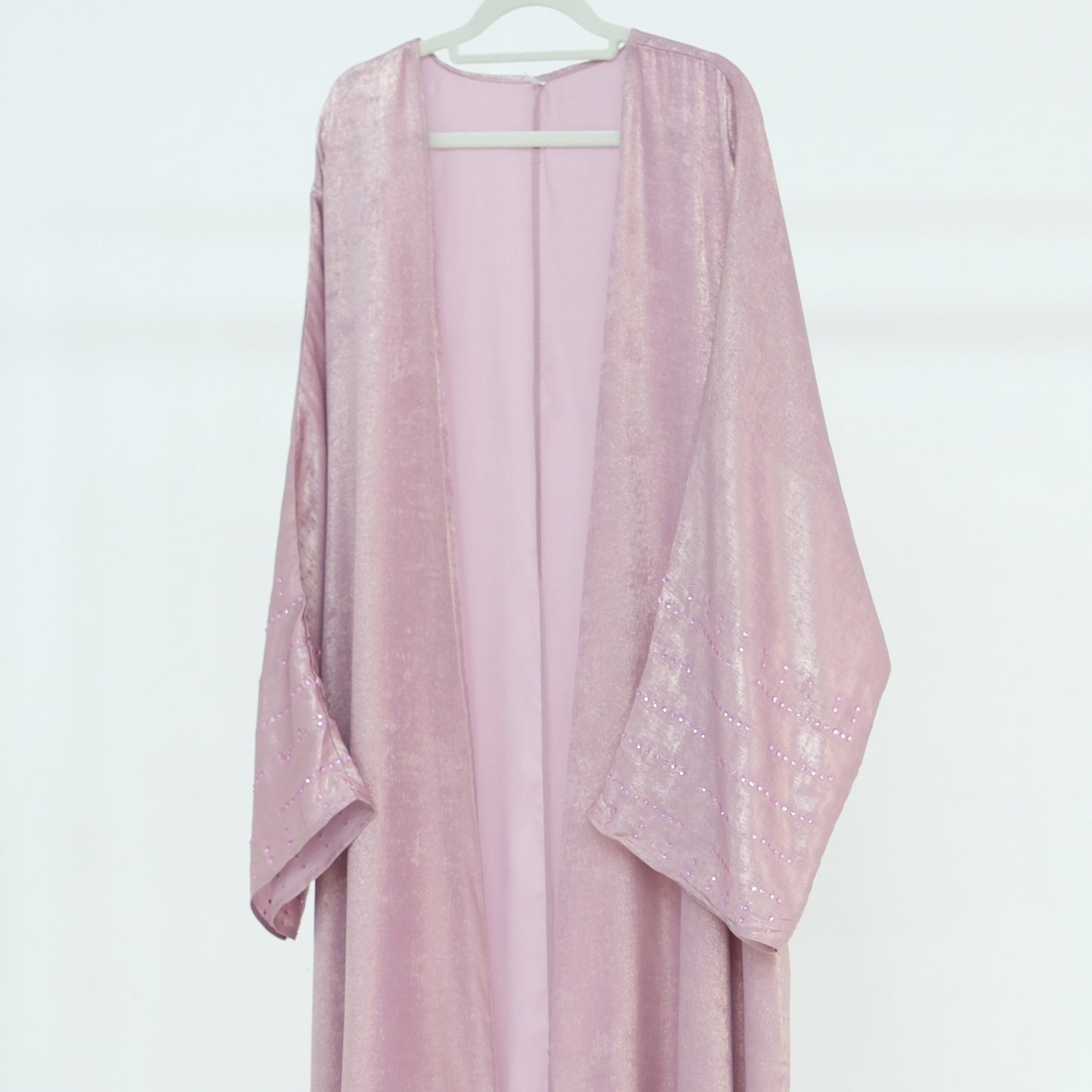 Lustrous Iridescent Open Abaya with Diamante-Embellished Sleeves