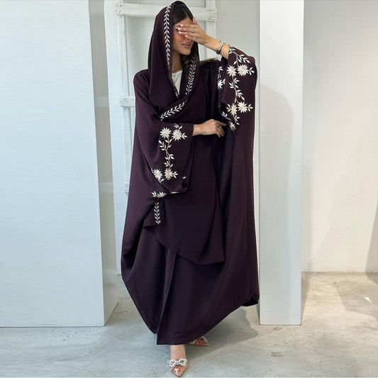 Amira’s Lavender Bloom – Embroidered Abaya with Matching Scarf