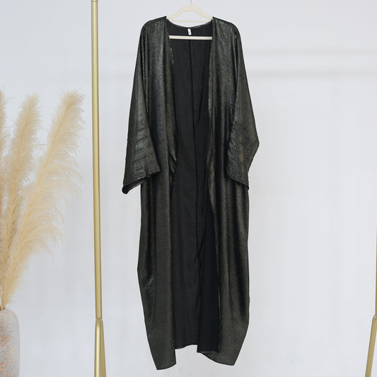 Lustrous Iridescent Open Abaya with Diamante-Embellished Sleeves