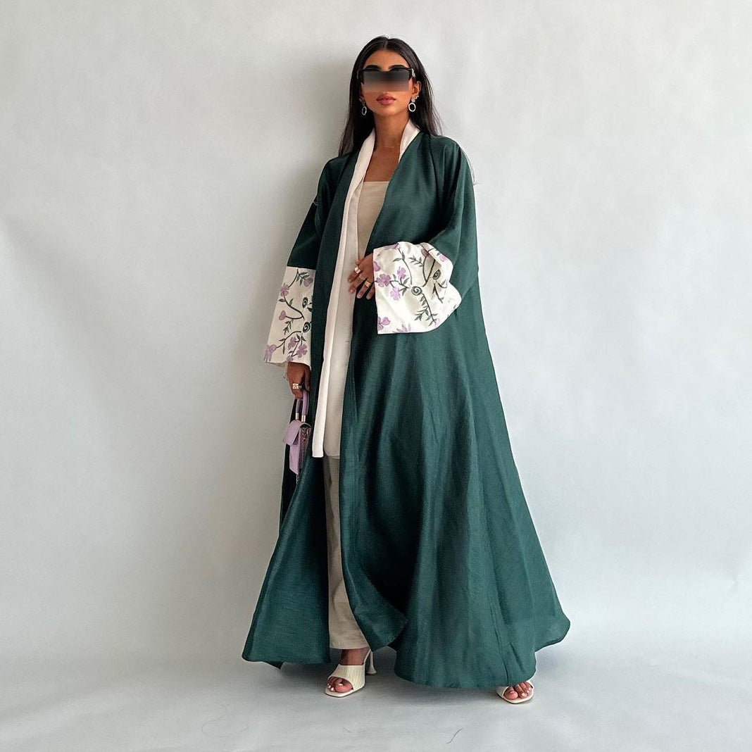 Emerald Green Open Abaya with Purple & White Floral Embroidered Sleeves