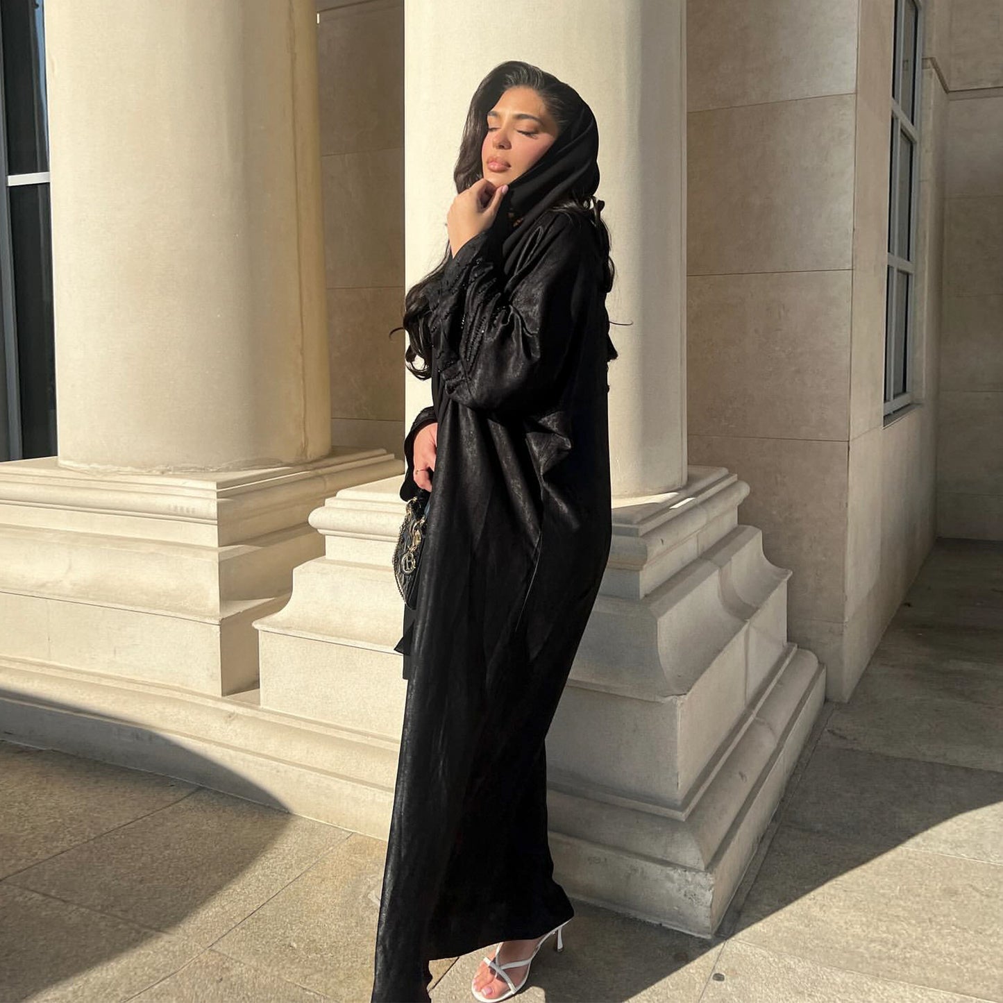 Lustrous Iridescent Open Abaya with Diamante-Embellished Sleeves