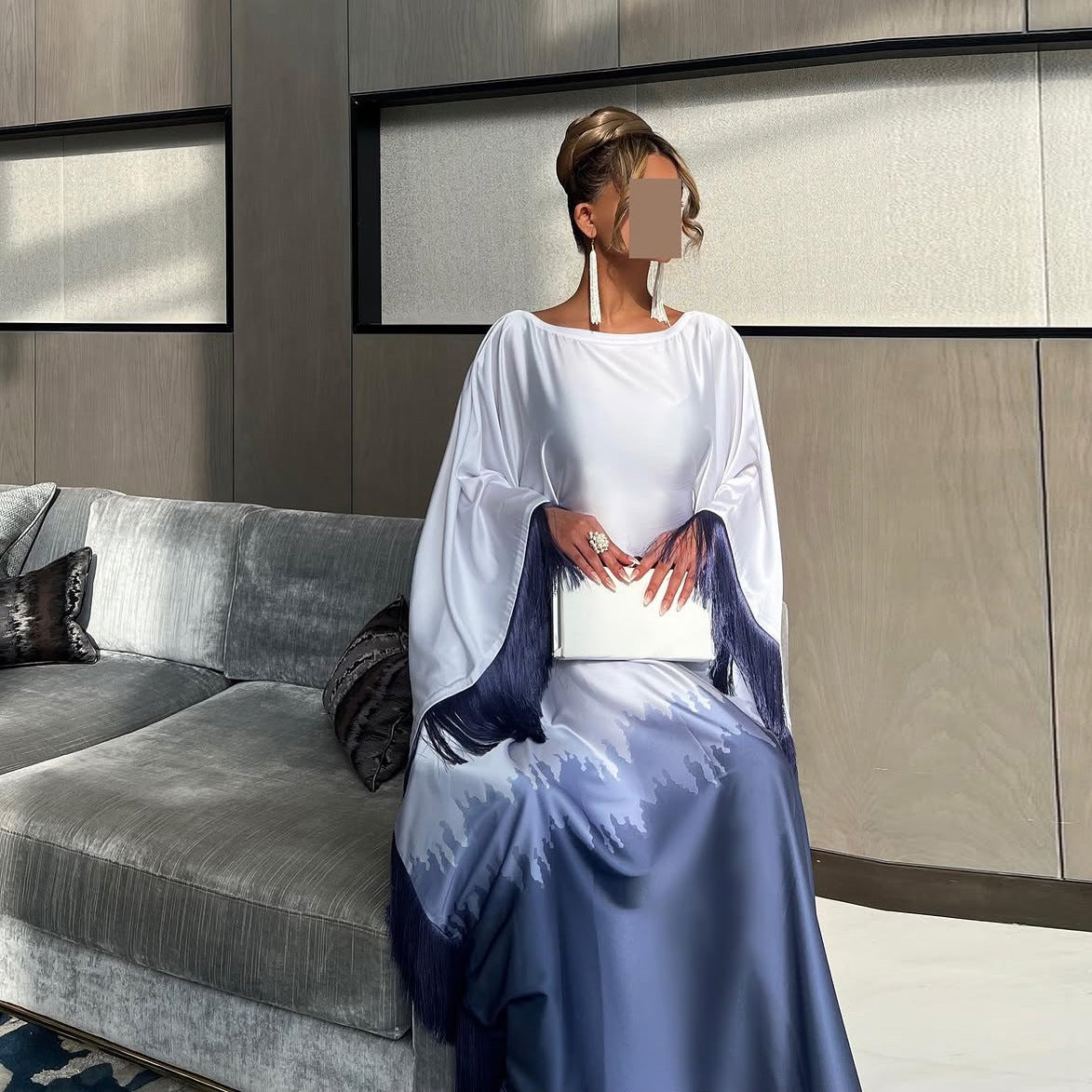 Ombre Luxe Satin Abaya Dress with Fringe Detailing