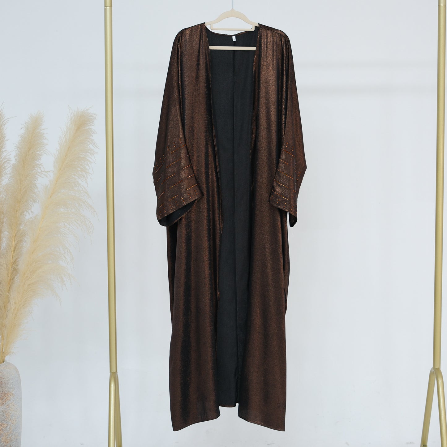 Lustrous Iridescent Open Abaya with Diamante-Embellished Sleeves
