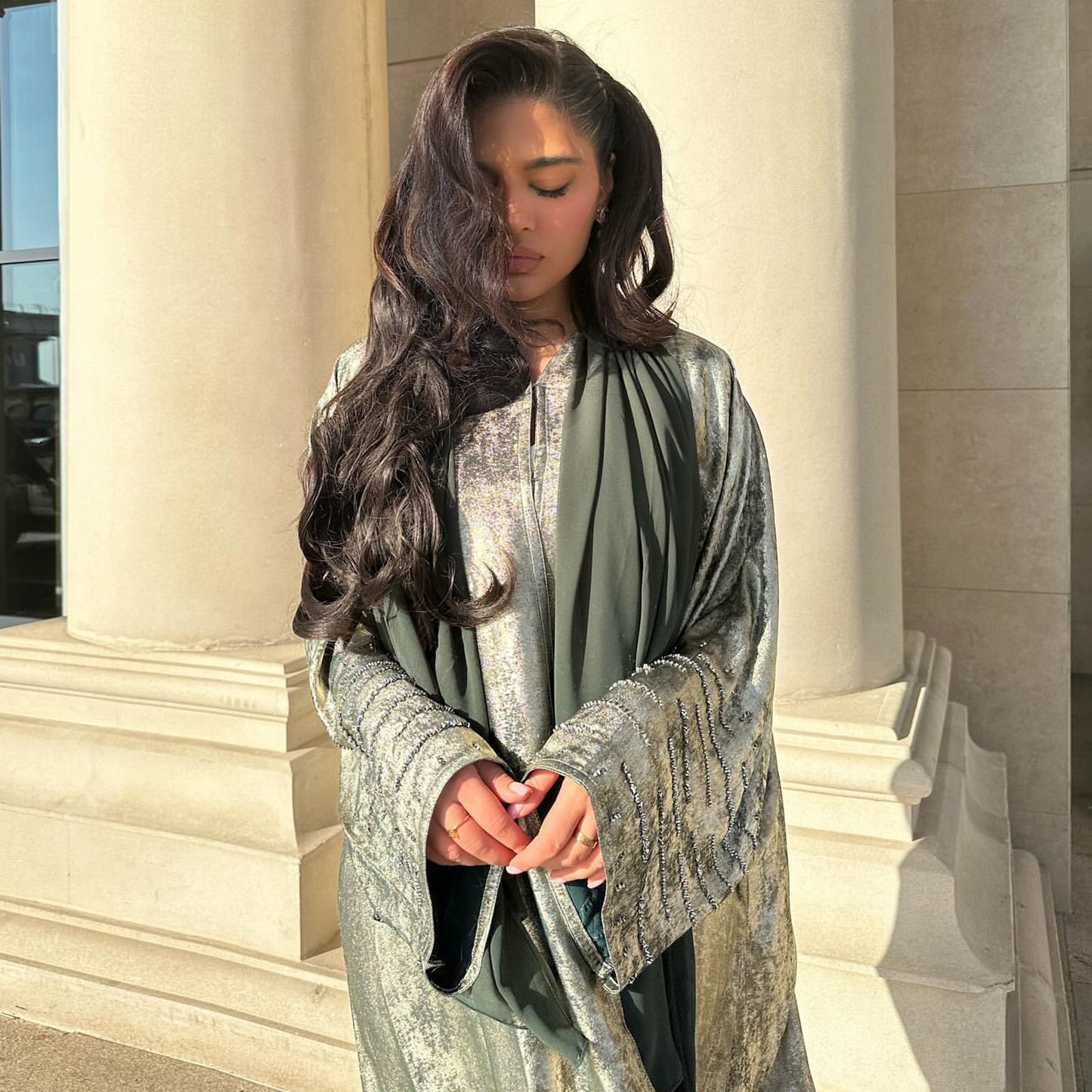 Lustrous Iridescent Open Abaya with Diamante-Embellished Sleeves