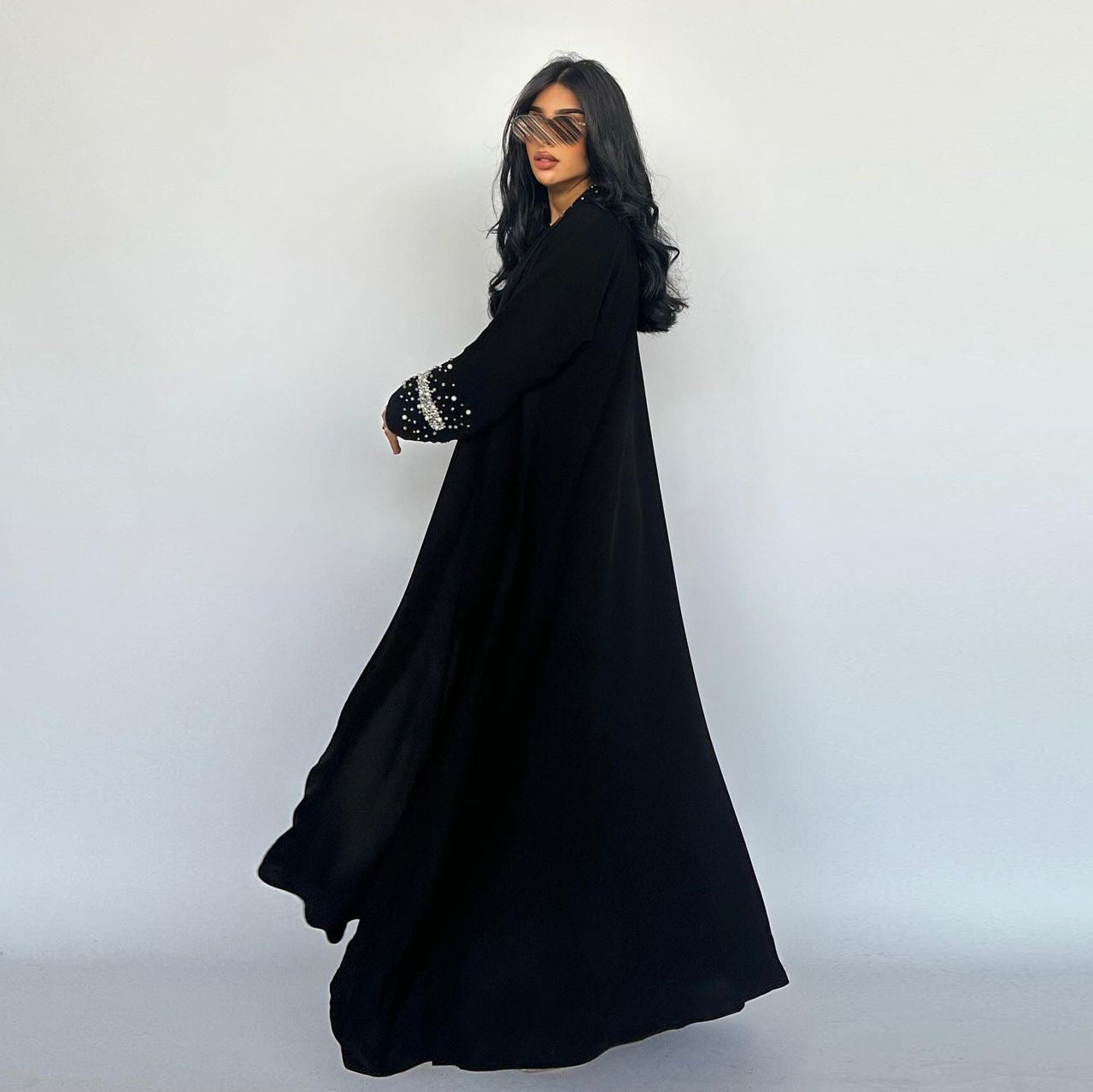 Midnight Elegance Rhinestone-Trimmed Open Abaya with Matching Scarf