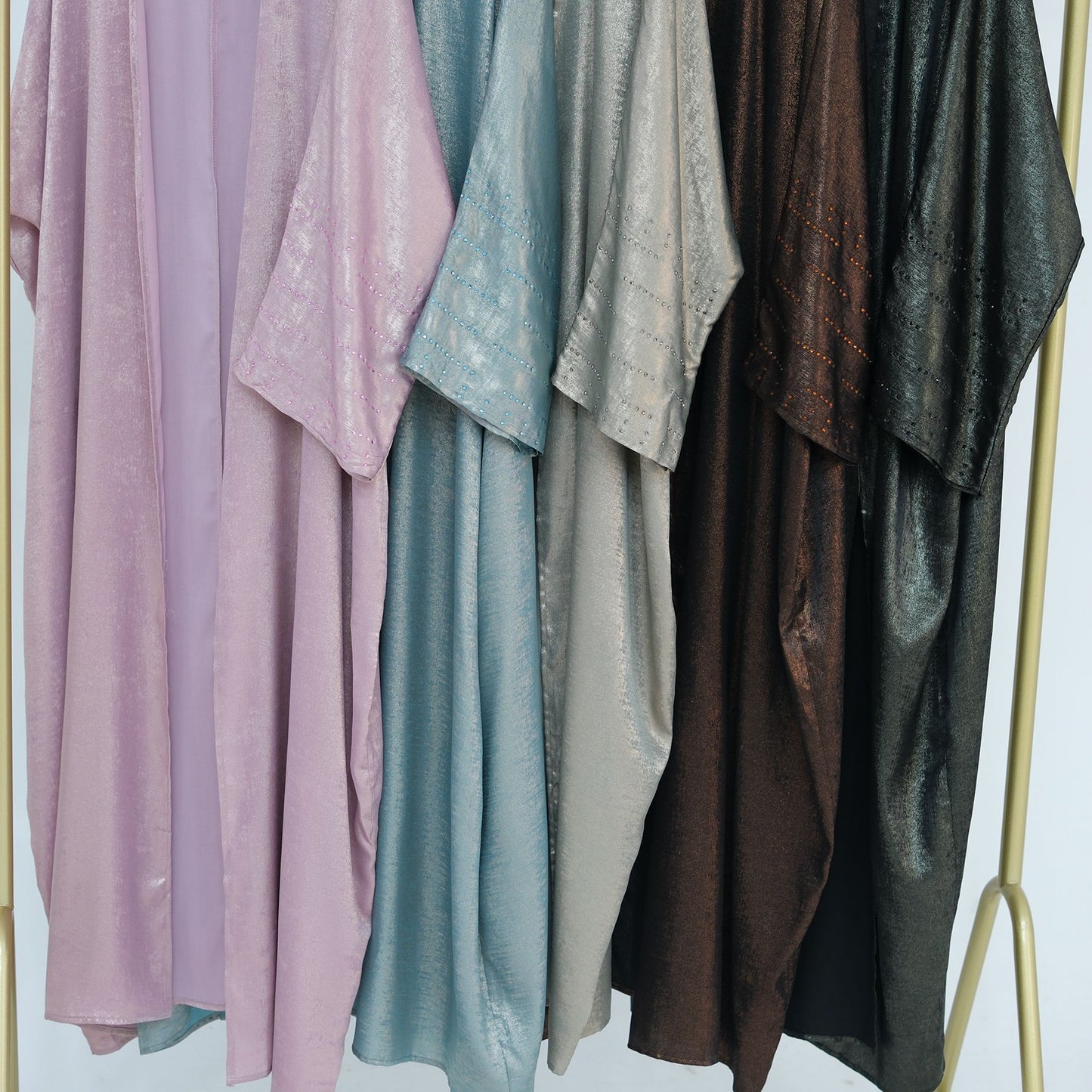 Lustrous Iridescent Open Abaya with Diamante-Embellished Sleeves
