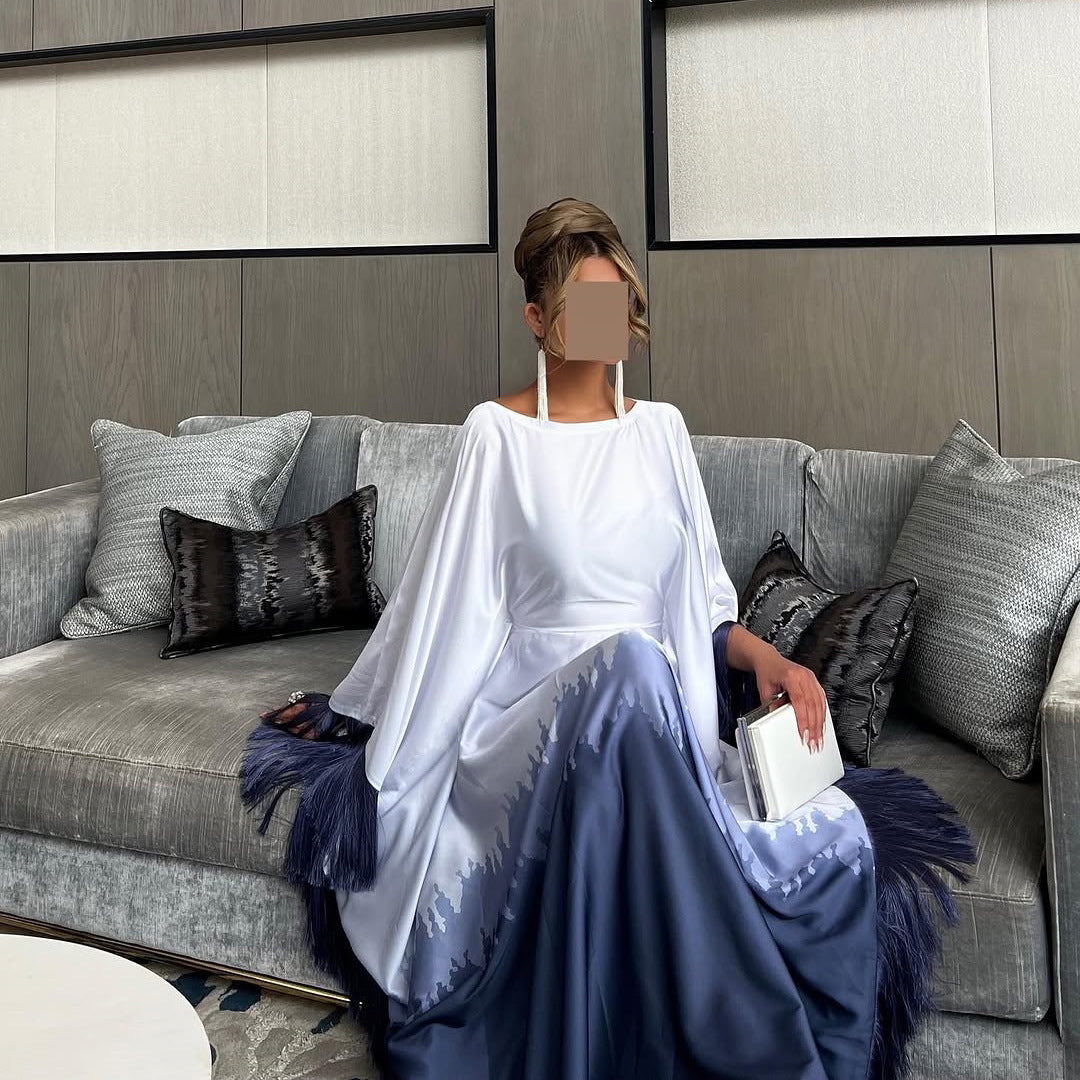 Ombre Luxe Satin Abaya Dress with Fringe Detailing