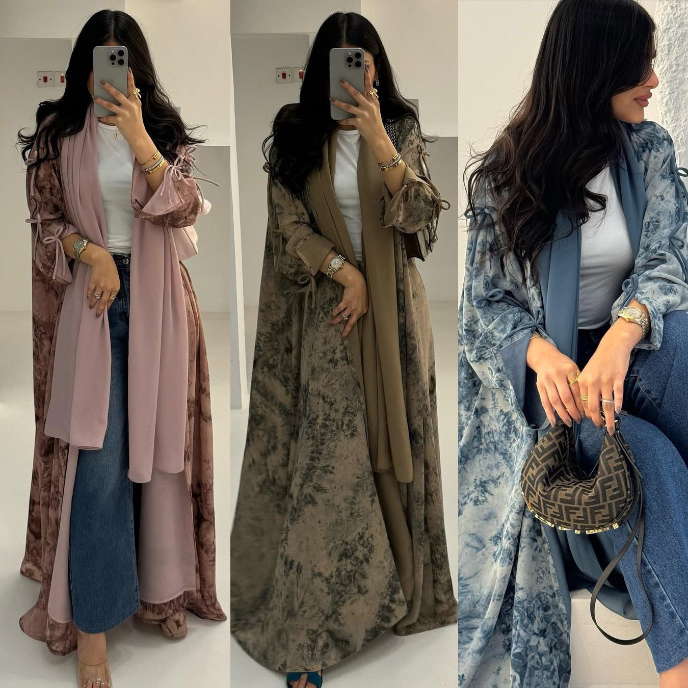 Marble Luxe Abaya with Headscarf & Ribbon Sleeves