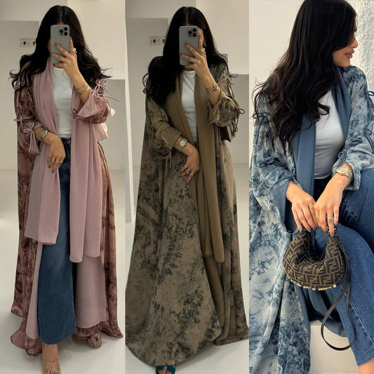 Marble Luxe Abaya with Headscarf & Ribbon Sleeves