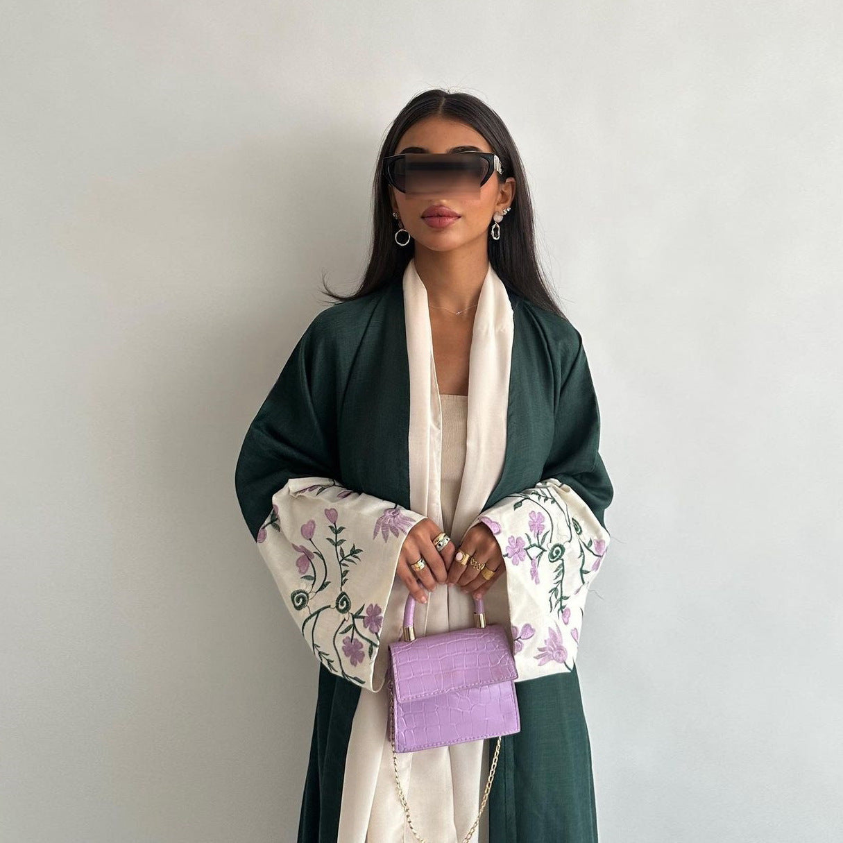 Emerald Green Open Abaya with Purple & White Floral Embroidered Sleeves