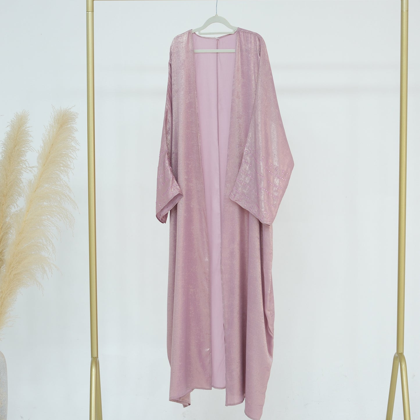 Lustrous Iridescent Open Abaya with Diamante-Embellished Sleeves